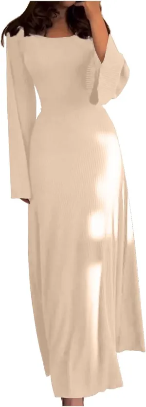 XUNRYAN Women Long Sleeve Bodycon Maxi Dress Knit Sweater Dresses Elegant Cocktail Formal Wedding Guest Dresses Fall Outfit