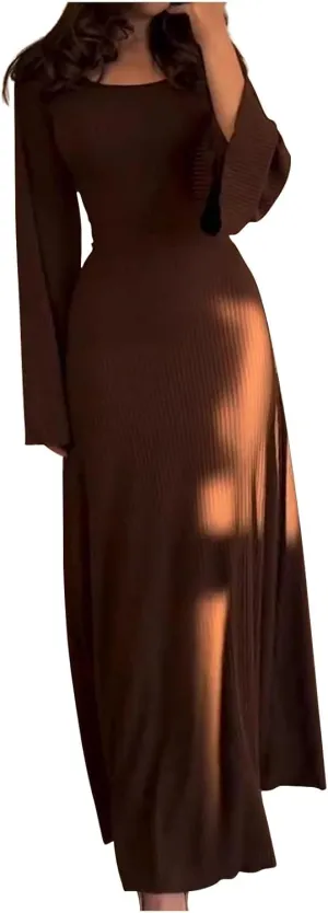 XUNRYAN Women Long Sleeve Bodycon Maxi Dress Knit Sweater Dresses Elegant Cocktail Formal Wedding Guest Dresses Fall Outfit