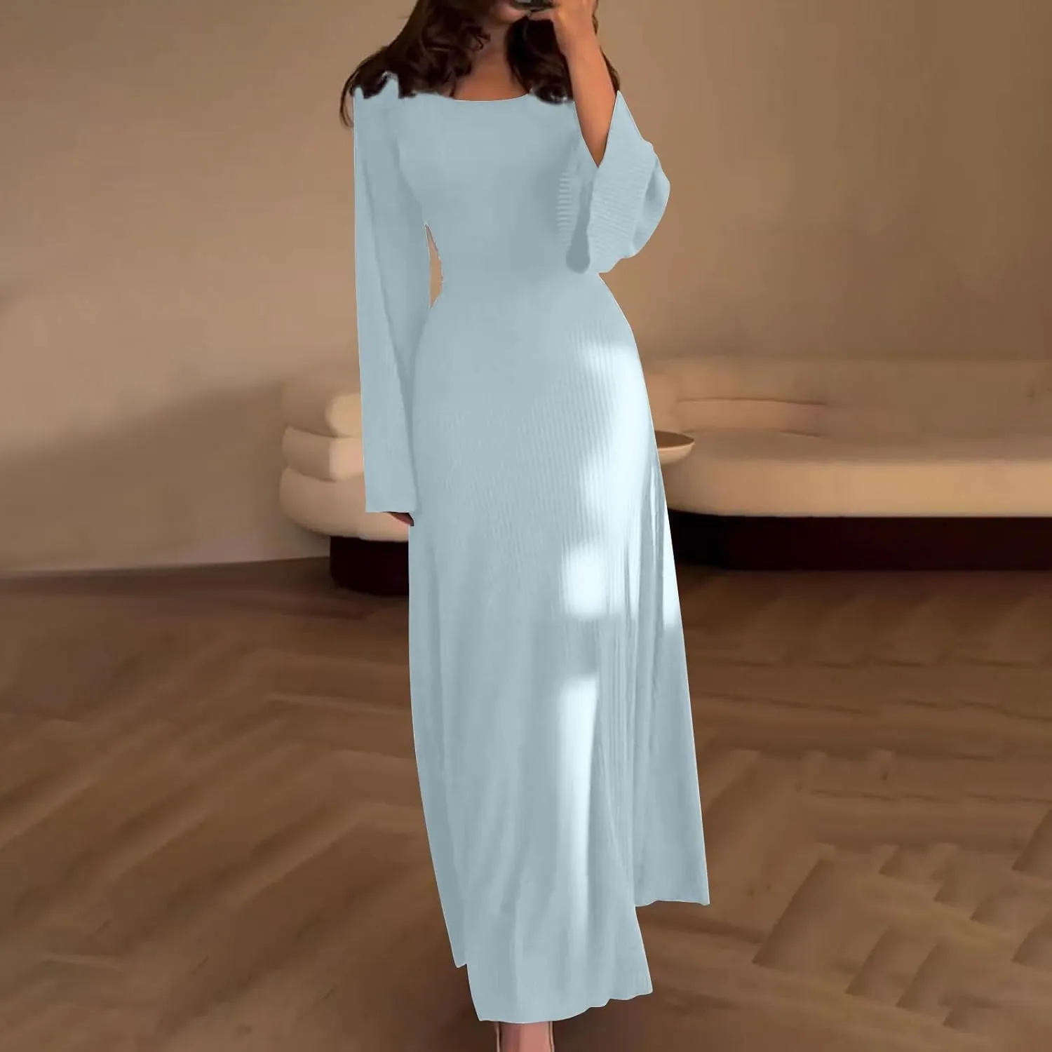 XUNRYAN Women Long Sleeve Bodycon Maxi Dress Knit Sweater Dresses Elegant Cocktail Formal Wedding Guest Dresses Fall Outfit