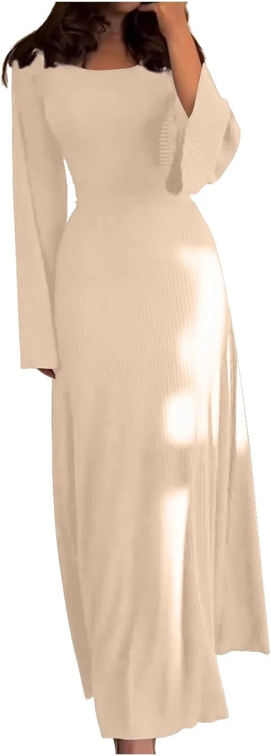 XUNRYAN Women Long Sleeve Bodycon Maxi Dress Knit Sweater Dresses Elegant Cocktail Formal Wedding Guest Dresses Fall Outfit