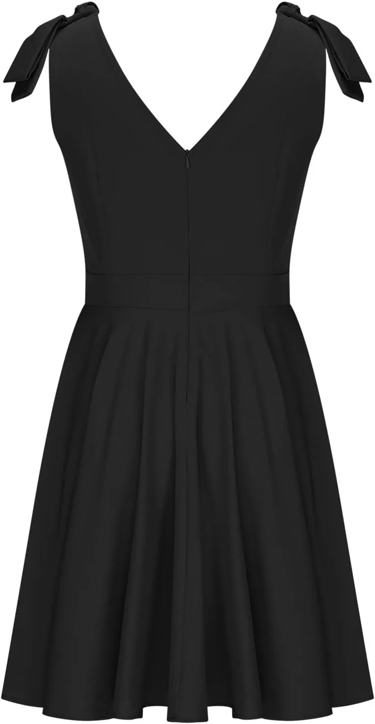 XUNRYAN Women Sexy Deep V-Neck Cocktail Dresses Sleeveless Bow Strap Ruched Pleated Mini Dress Formal Evening Party Ball Gown