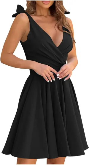 XUNRYAN Women Sexy Deep V-Neck Cocktail Dresses Sleeveless Bow Strap Ruched Pleated Mini Dress Formal Evening Party Ball Gown