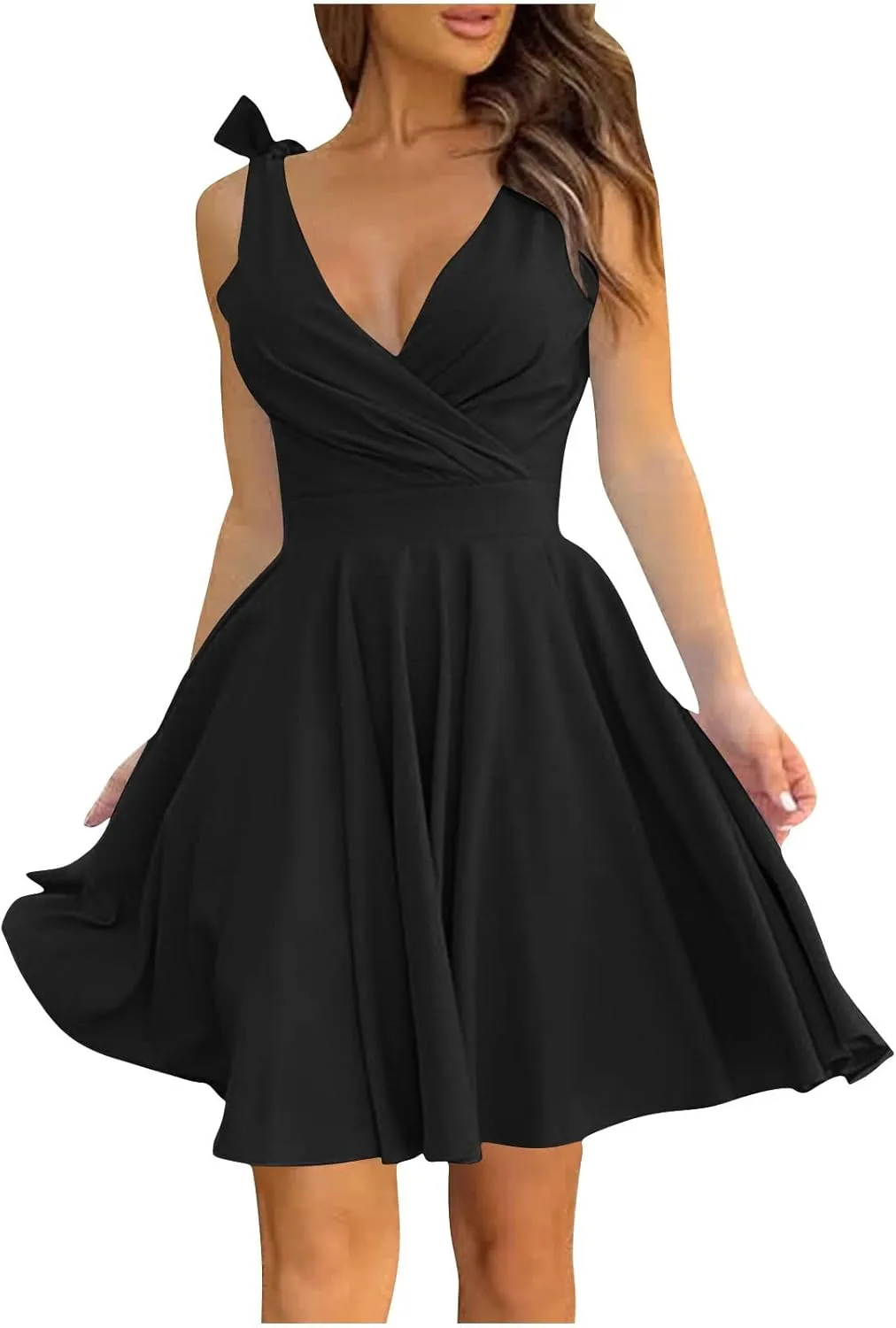 XUNRYAN Women Sexy Deep V-Neck Cocktail Dresses Sleeveless Bow Strap Ruched Pleated Mini Dress Formal Evening Party Ball Gown