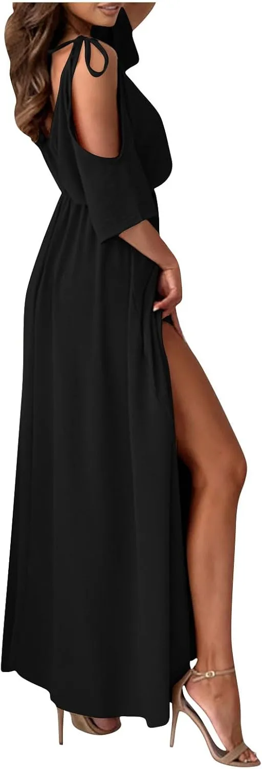 XUNRYAN Women Summer Boheimian Dress Sexy High Slit Off-Shoulder Deep V-Neck Evening Party Maxi Dresses Beach Sundress