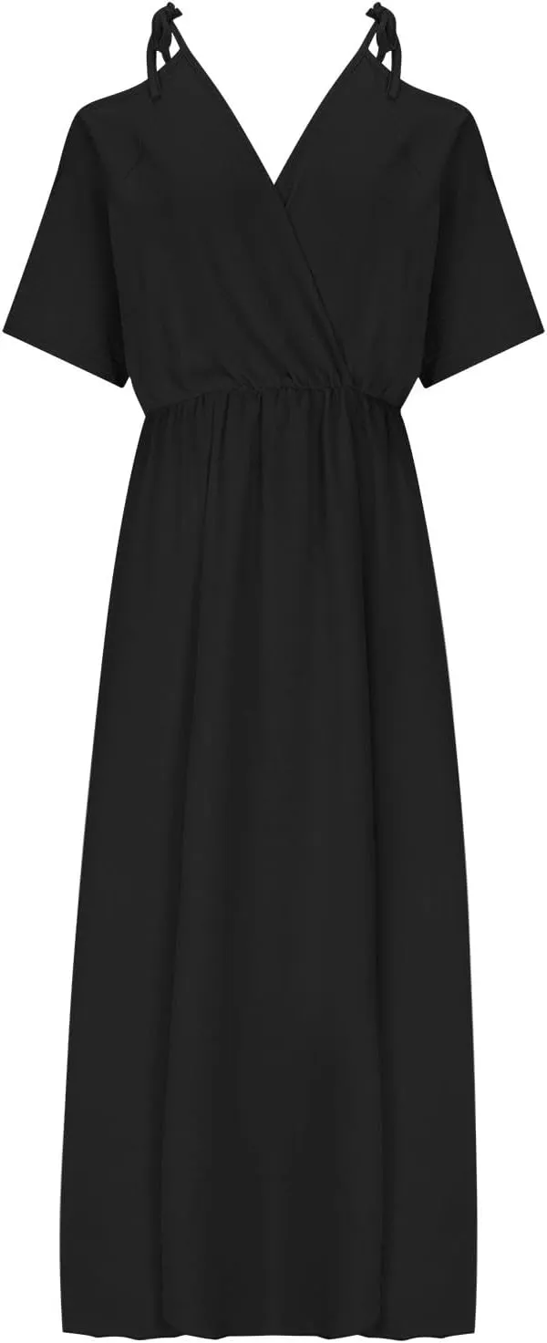 XUNRYAN Women Summer Boheimian Dress Sexy High Slit Off-Shoulder Deep V-Neck Evening Party Maxi Dresses Beach Sundress