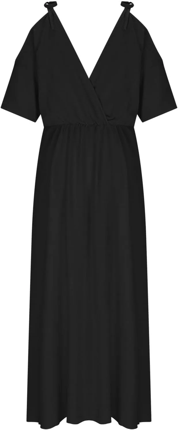 XUNRYAN Women Summer Boheimian Dress Sexy High Slit Off-Shoulder Deep V-Neck Evening Party Maxi Dresses Beach Sundress