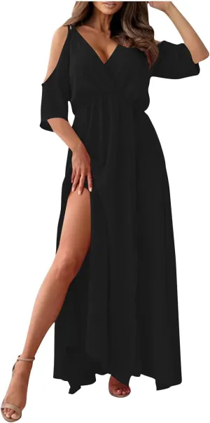 XUNRYAN Women Summer Boheimian Dress Sexy High Slit Off-Shoulder Deep V-Neck Evening Party Maxi Dresses Beach Sundress