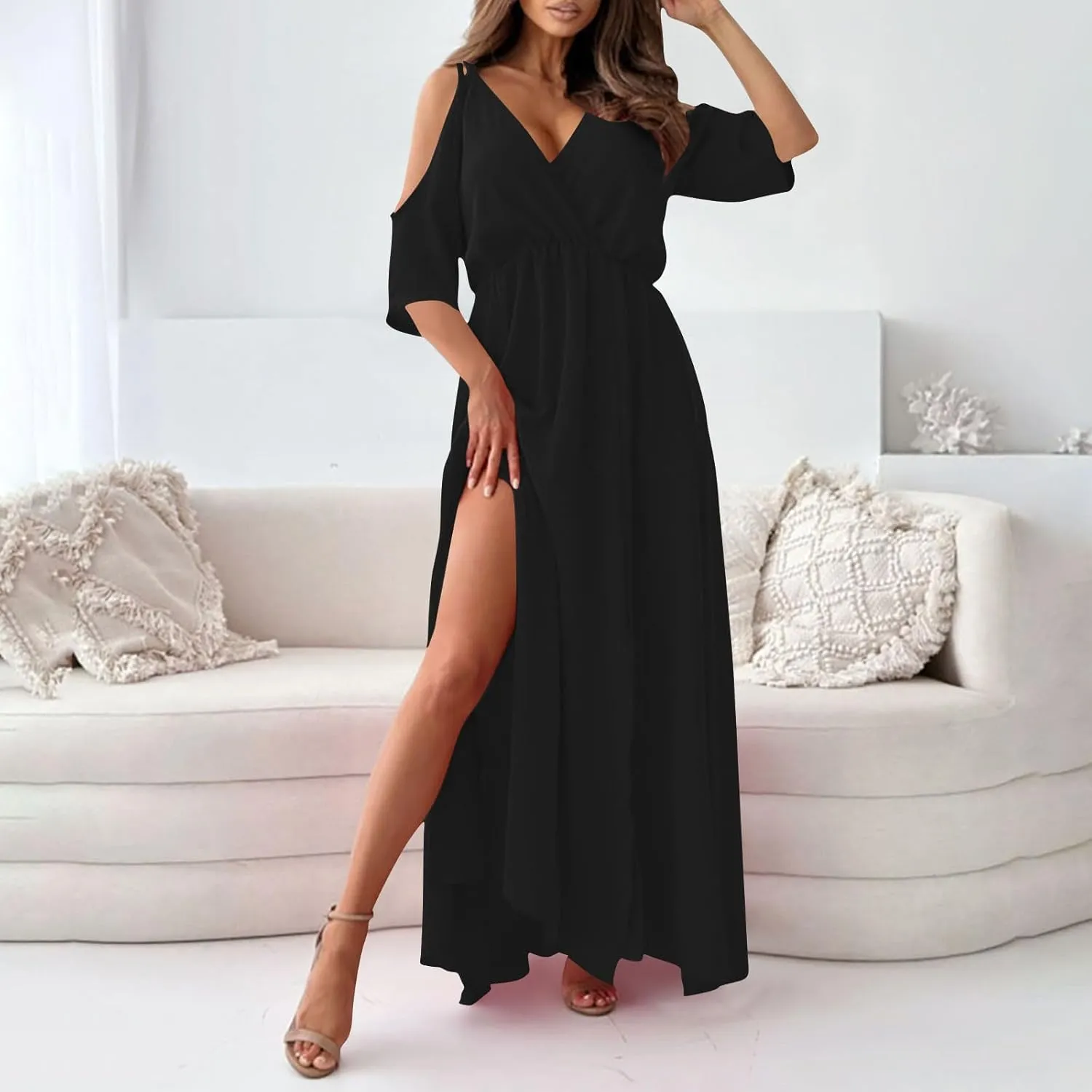 XUNRYAN Women Summer Boheimian Dress Sexy High Slit Off-Shoulder Deep V-Neck Evening Party Maxi Dresses Beach Sundress