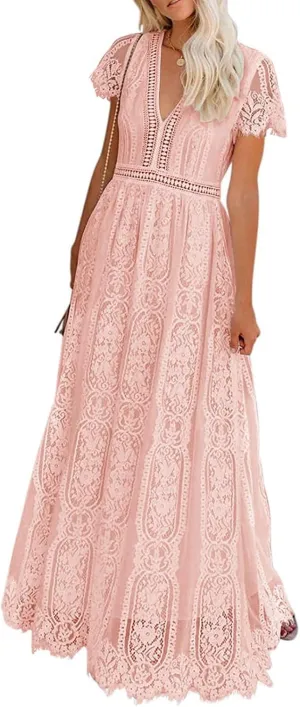 XUNRYAN Women's Boho Maxi Dresses V-Neck Short Sleeve Floral Lace Wedding Guests Dress Bridesmaid Cocktail Party Ball Gown