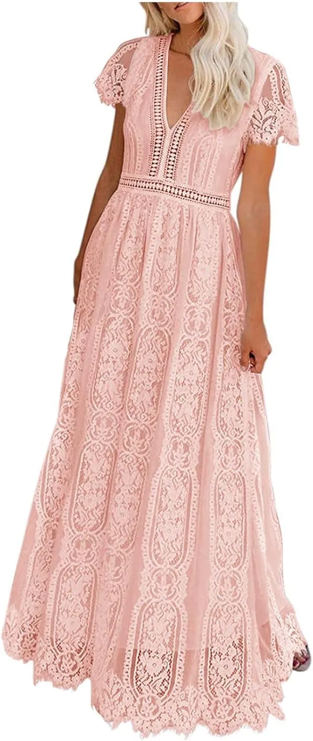 XUNRYAN Women's Boho Maxi Dresses V-Neck Short Sleeve Floral Lace Wedding Guests Dress Bridesmaid Cocktail Party Ball Gown