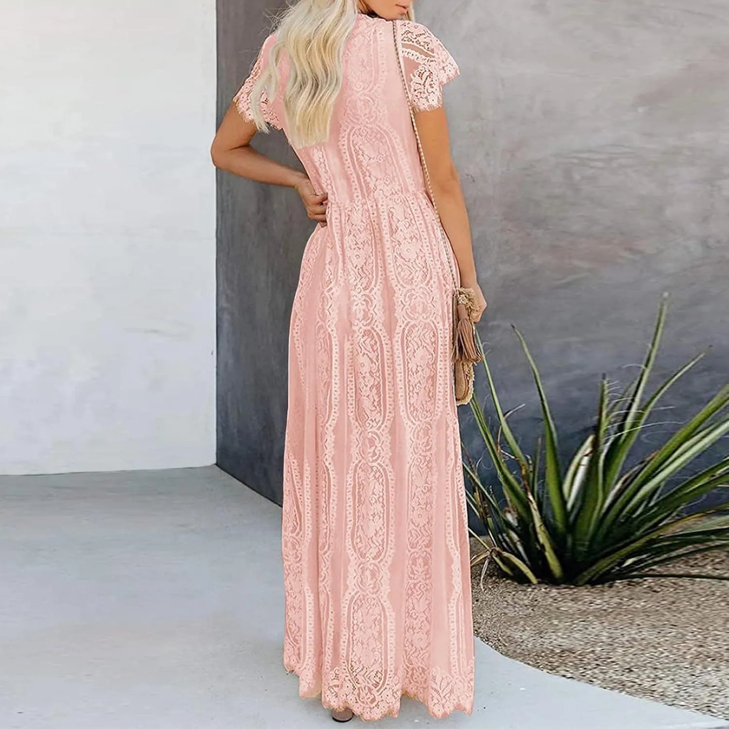 XUNRYAN Women's Boho Maxi Dresses V-Neck Short Sleeve Floral Lace Wedding Guests Dress Bridesmaid Cocktail Party Ball Gown