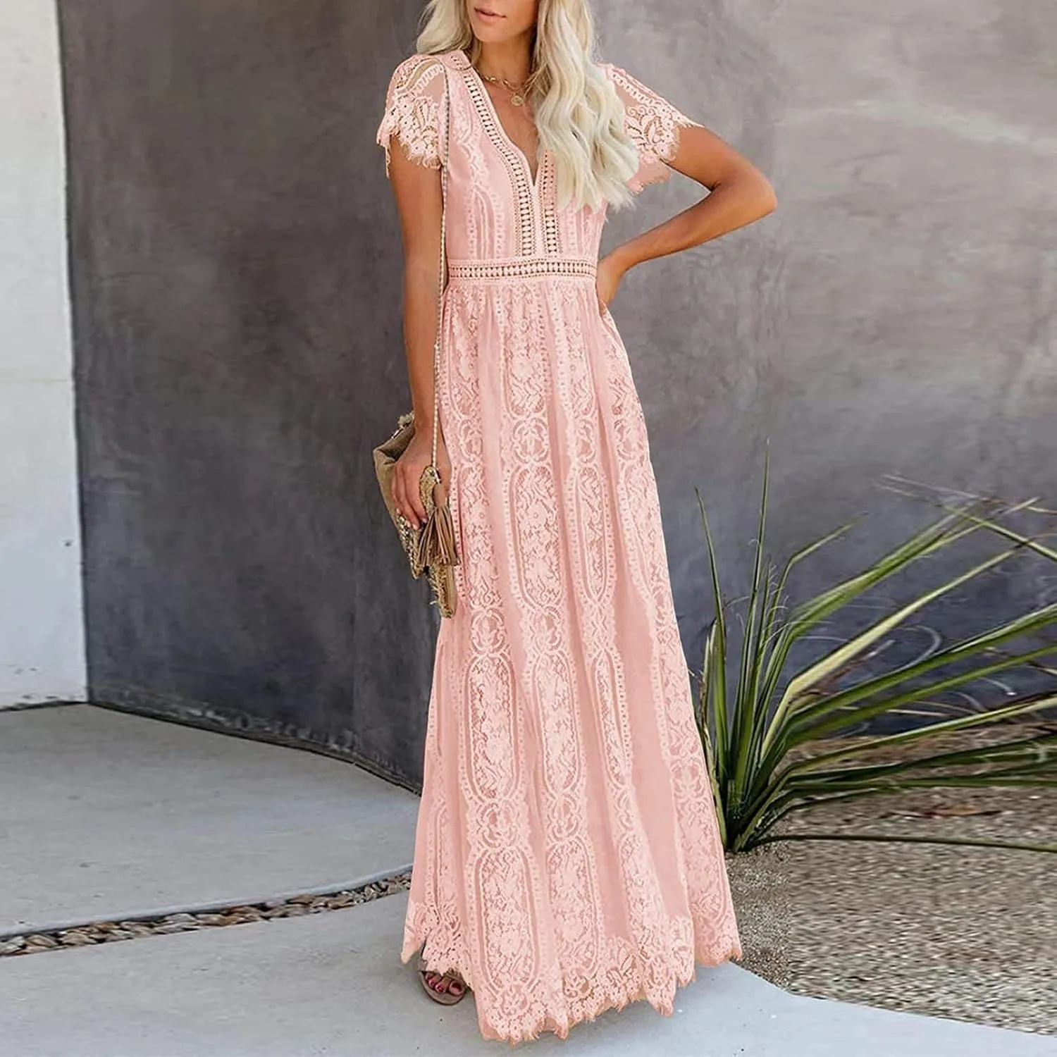 XUNRYAN Women's Boho Maxi Dresses V-Neck Short Sleeve Floral Lace Wedding Guests Dress Bridesmaid Cocktail Party Ball Gown
