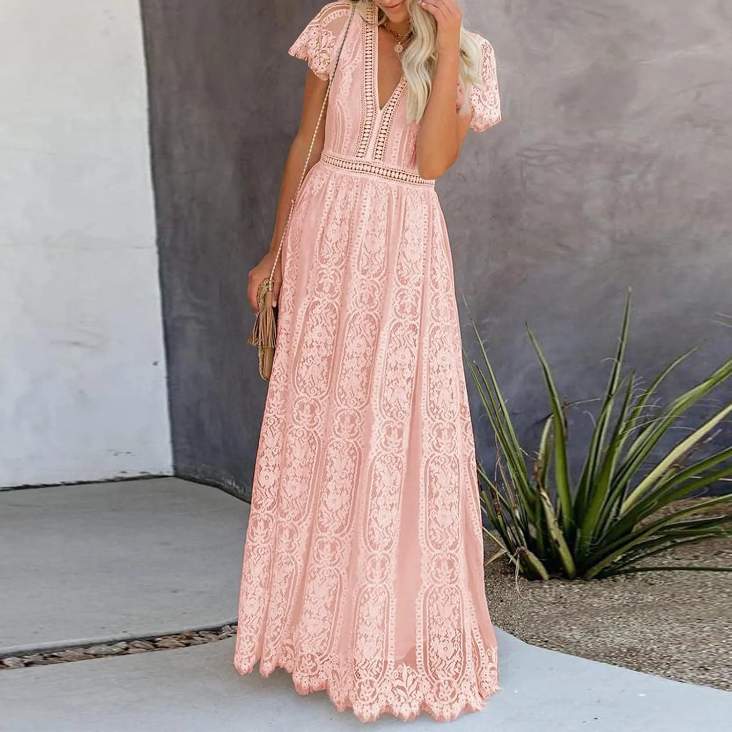 XUNRYAN Women's Boho Maxi Dresses V-Neck Short Sleeve Floral Lace Wedding Guests Dress Bridesmaid Cocktail Party Ball Gown