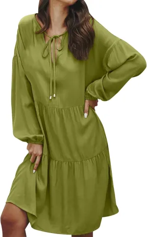 XUNRYAN Womens Casual Tunic Midi Dress V-Neck Tiered Long Sleeve Swing Boho Dresses Pockets Ruffled Sundress Fashion Clothes