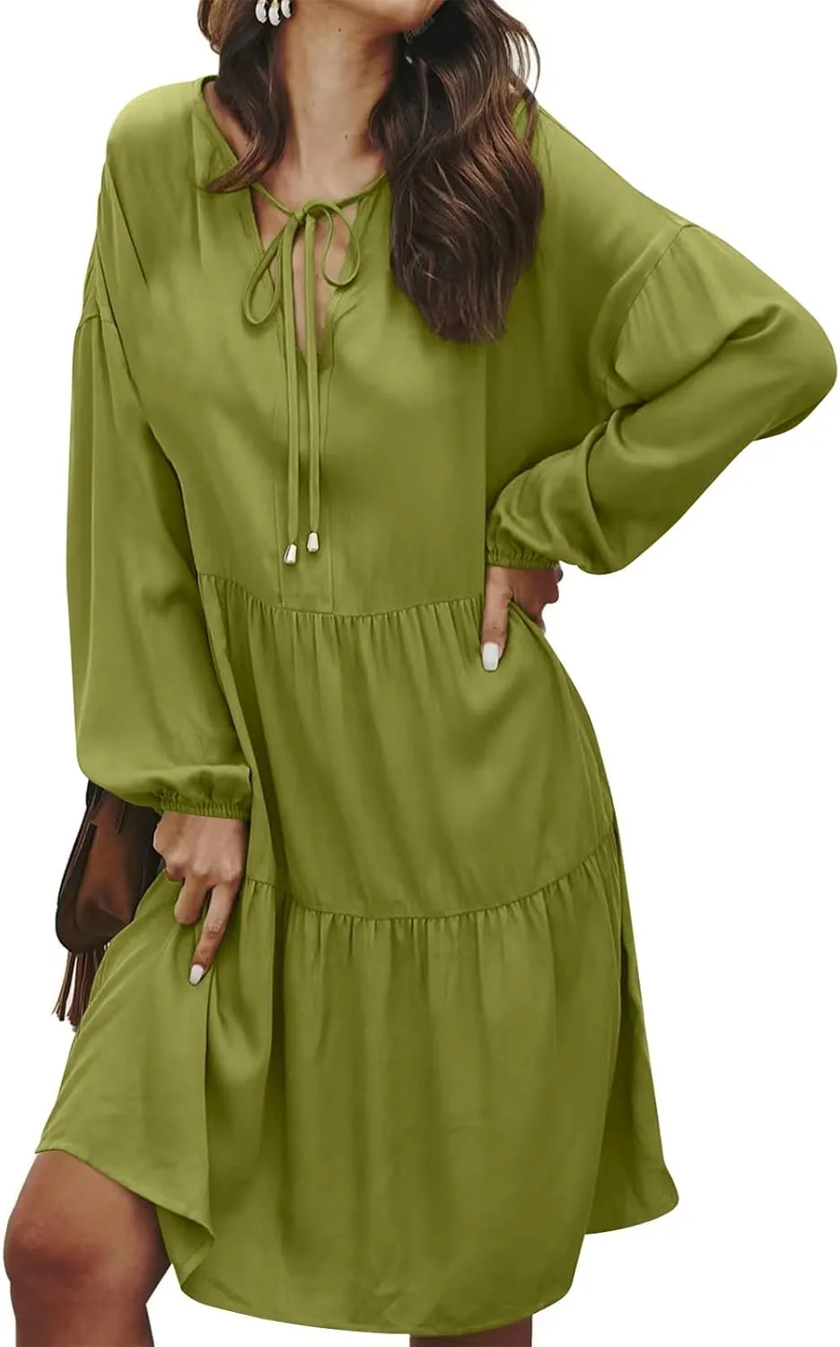 XUNRYAN Womens Casual Tunic Midi Dress V-Neck Tiered Long Sleeve Swing Boho Dresses Pockets Ruffled Sundress Fashion Clothes