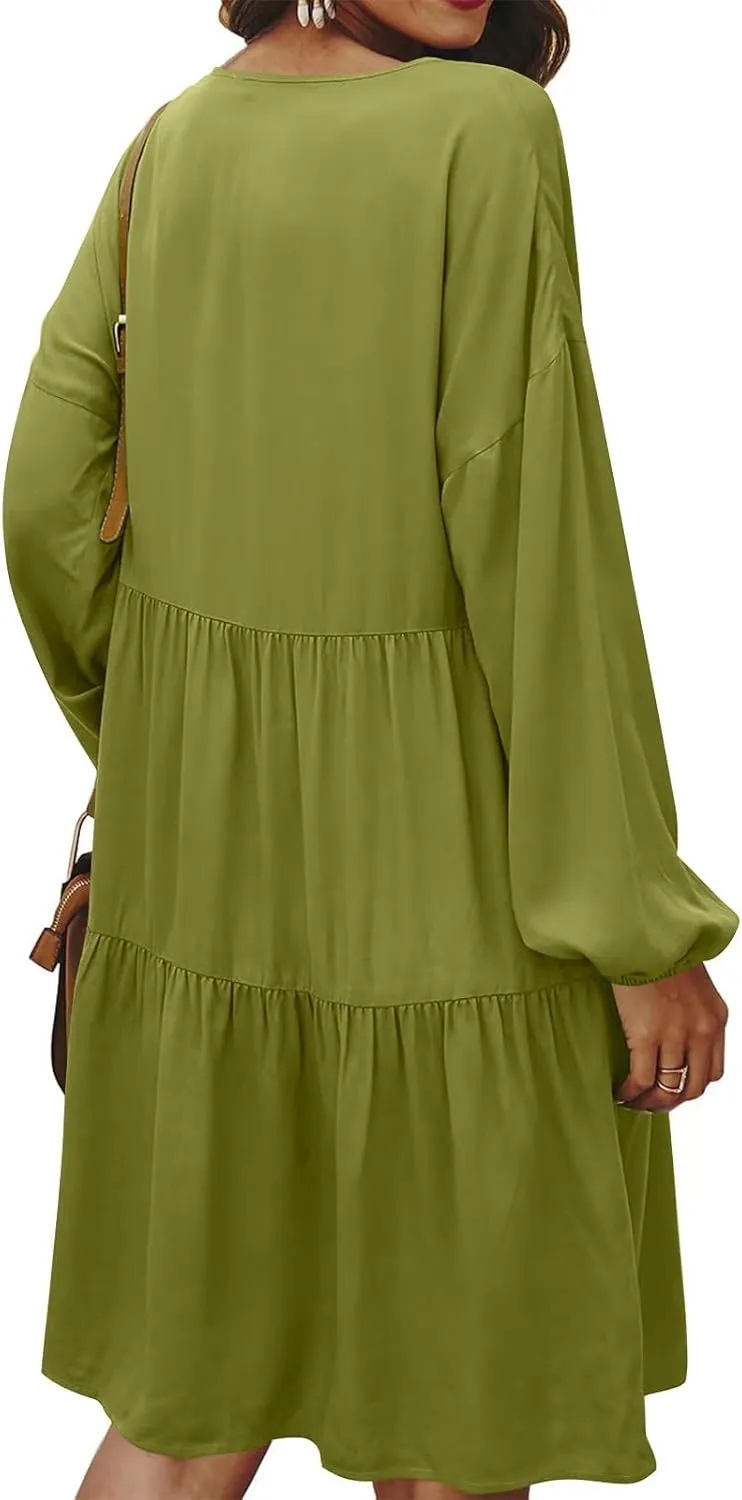 XUNRYAN Womens Casual Tunic Midi Dress V-Neck Tiered Long Sleeve Swing Boho Dresses Pockets Ruffled Sundress Fashion Clothes