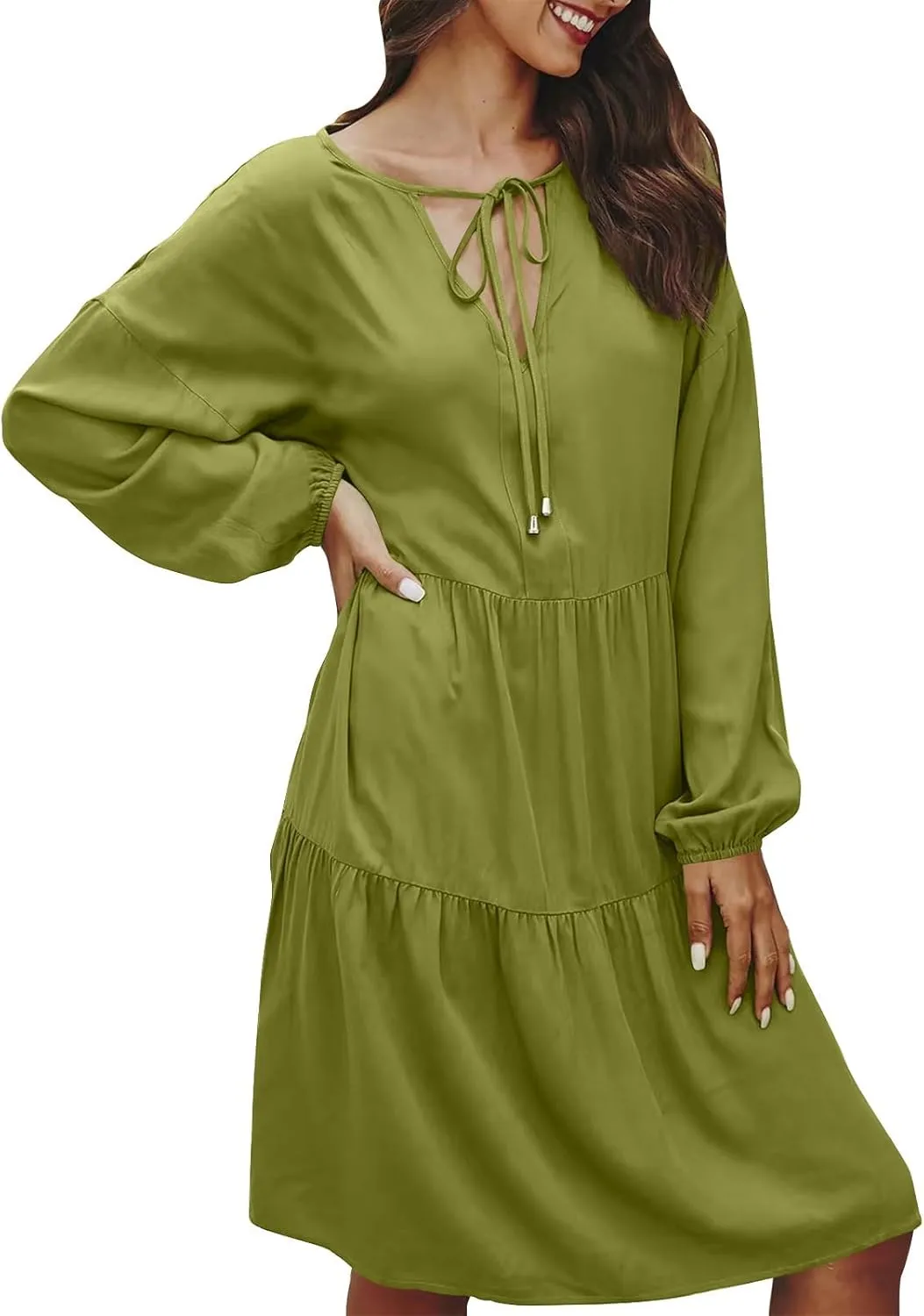 XUNRYAN Womens Casual Tunic Midi Dress V-Neck Tiered Long Sleeve Swing Boho Dresses Pockets Ruffled Sundress Fashion Clothes