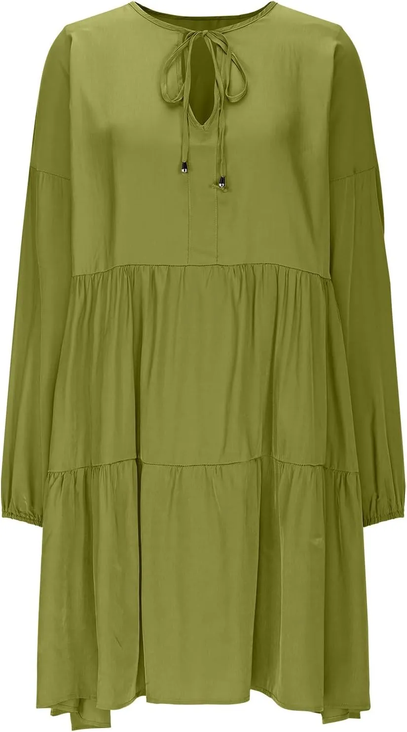 XUNRYAN Womens Casual Tunic Midi Dress V-Neck Tiered Long Sleeve Swing Boho Dresses Pockets Ruffled Sundress Fashion Clothes