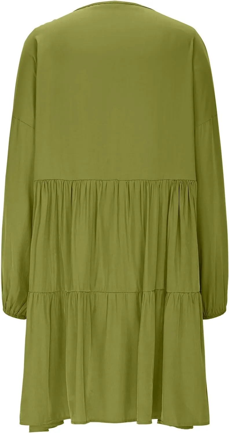 XUNRYAN Womens Casual Tunic Midi Dress V-Neck Tiered Long Sleeve Swing Boho Dresses Pockets Ruffled Sundress Fashion Clothes