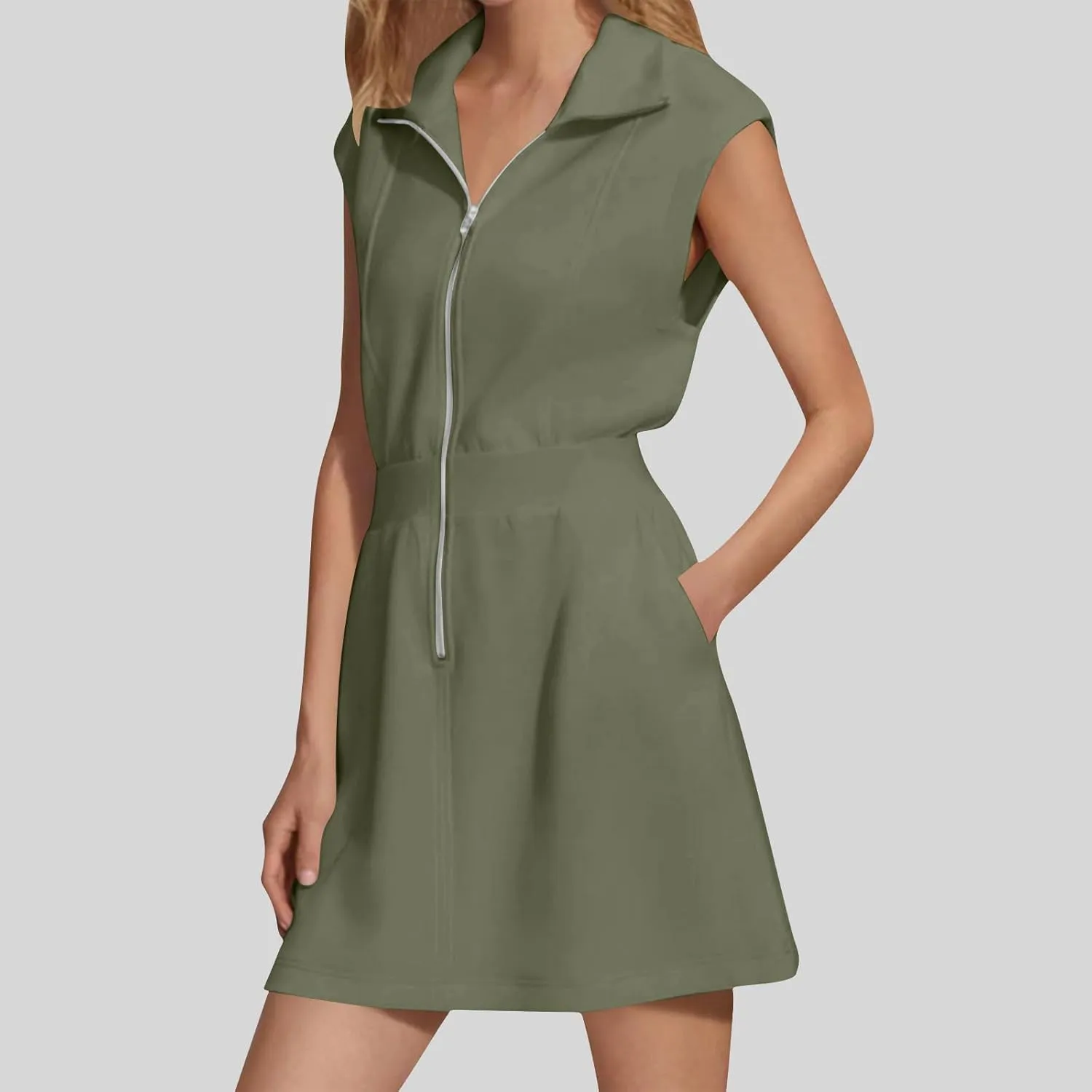XUNRYAN Womens Mini Tennis Dress Workout Half Zip Sweatshirt Dresses Summer Sleeveless Casual Sundress w Pockets Streetwear