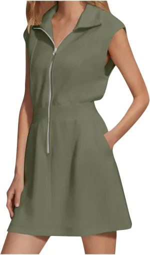 XUNRYAN Womens Mini Tennis Dress Workout Half Zip Sweatshirt Dresses Summer Sleeveless Casual Sundress w Pockets Streetwear