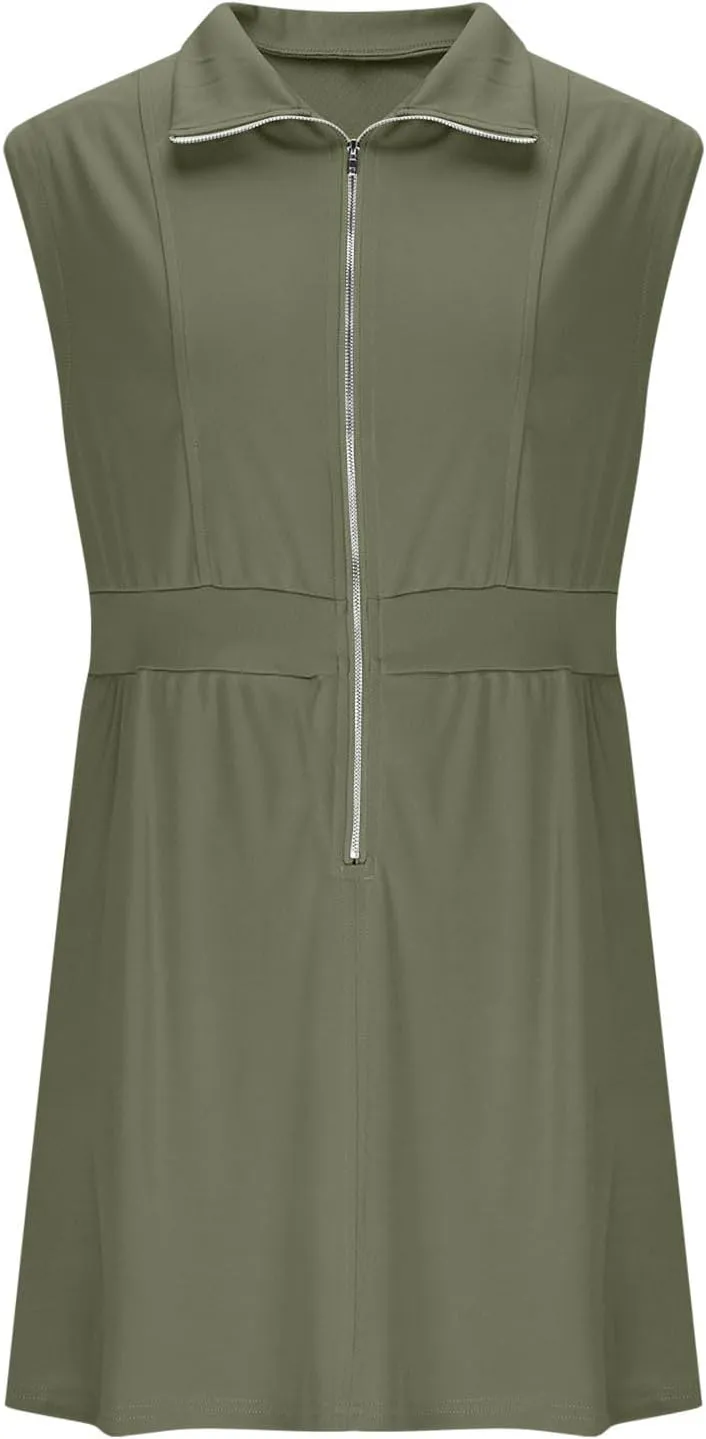 XUNRYAN Womens Mini Tennis Dress Workout Half Zip Sweatshirt Dresses Summer Sleeveless Casual Sundress w Pockets Streetwear