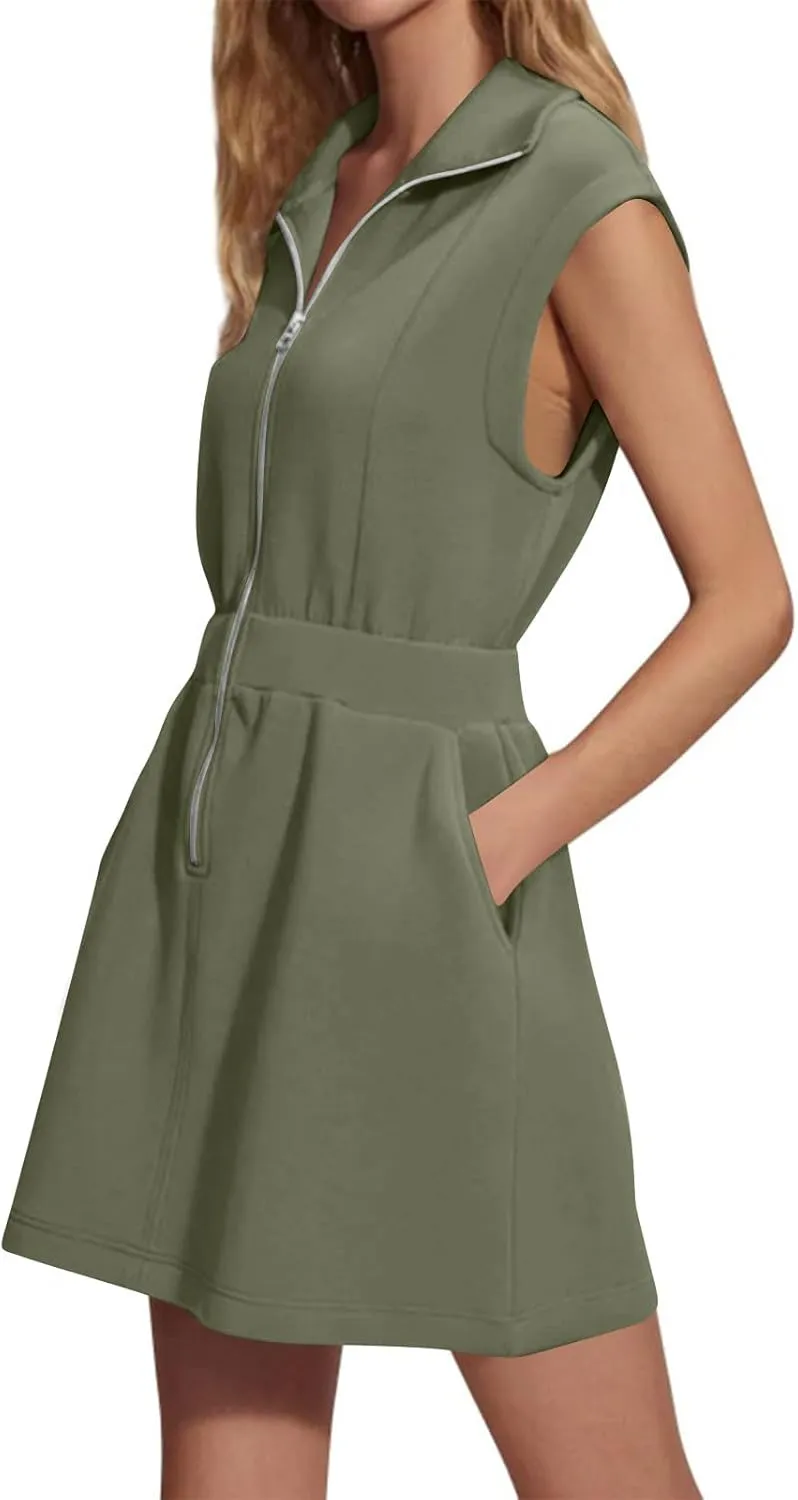 XUNRYAN Womens Mini Tennis Dress Workout Half Zip Sweatshirt Dresses Summer Sleeveless Casual Sundress w Pockets Streetwear