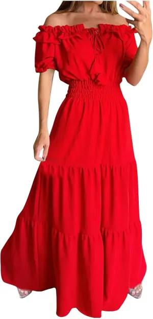 XUNRYAN Womens Off Shoulder Bohemian Dresses Summer Casual Boho Puff Short Sleeve Tiered Ruffle Maxi Dress Beach Sundress