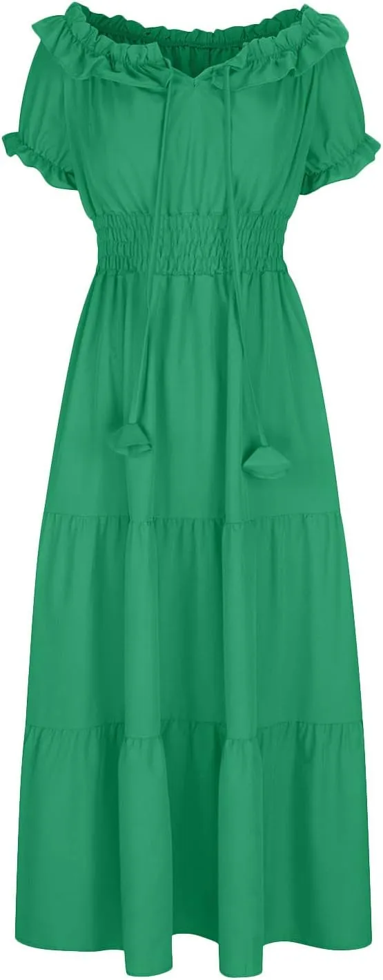 XUNRYAN Womens Off Shoulder Bohemian Dresses Summer Casual Boho Puff Short Sleeve Tiered Ruffle Maxi Dress Beach Sundress