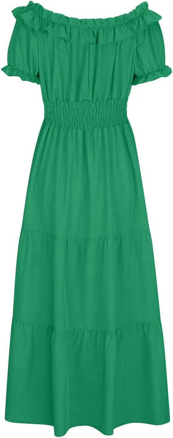 XUNRYAN Womens Off Shoulder Bohemian Dresses Summer Casual Boho Puff Short Sleeve Tiered Ruffle Maxi Dress Beach Sundress