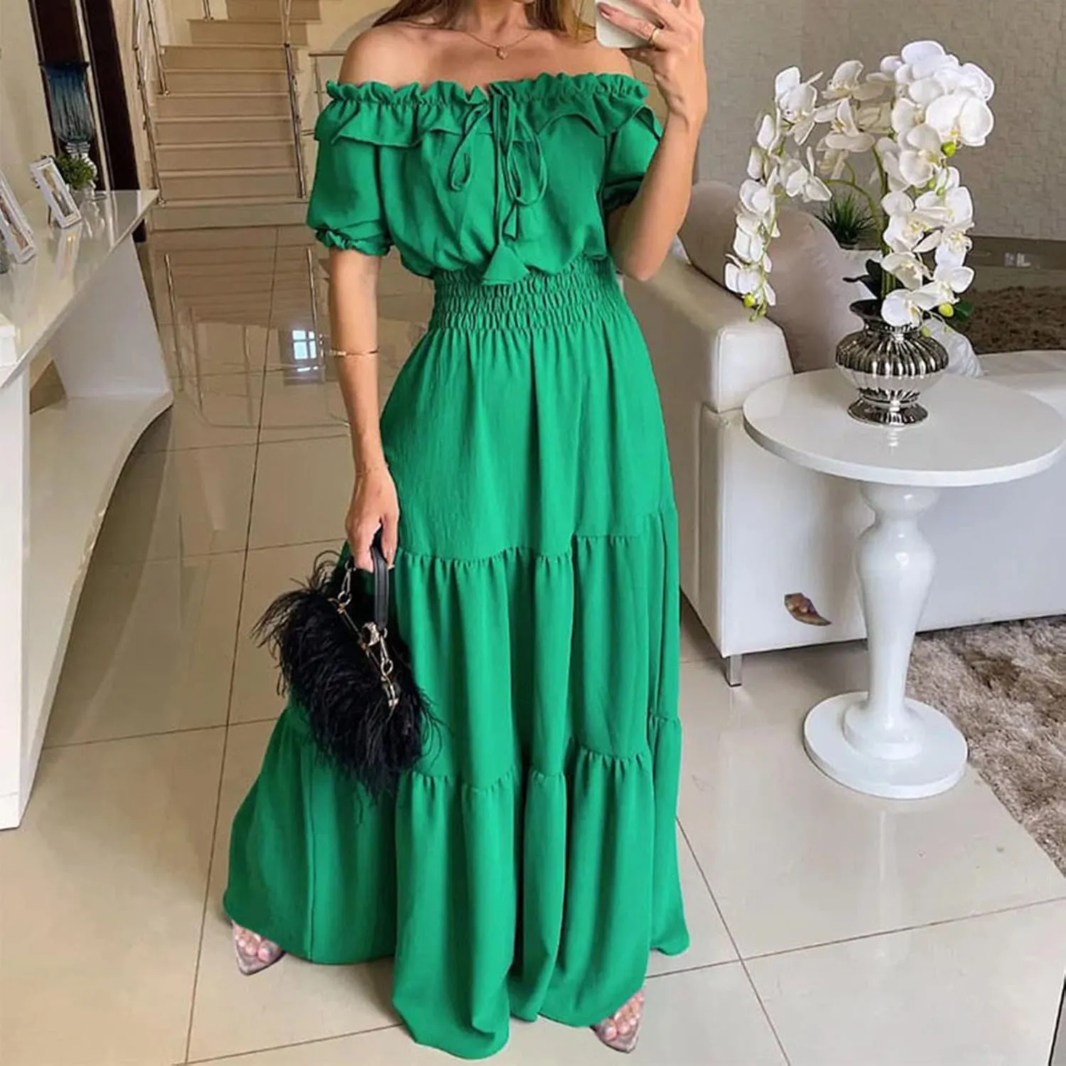 XUNRYAN Womens Off Shoulder Bohemian Dresses Summer Casual Boho Puff Short Sleeve Tiered Ruffle Maxi Dress Beach Sundress