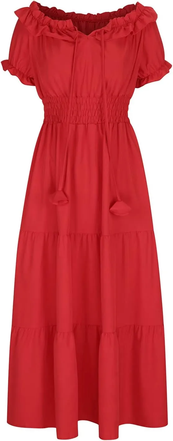 XUNRYAN Womens Off Shoulder Bohemian Dresses Summer Casual Boho Puff Short Sleeve Tiered Ruffle Maxi Dress Beach Sundress