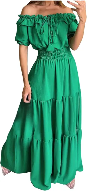 XUNRYAN Womens Off Shoulder Bohemian Dresses Summer Casual Boho Puff Short Sleeve Tiered Ruffle Maxi Dress Beach Sundress