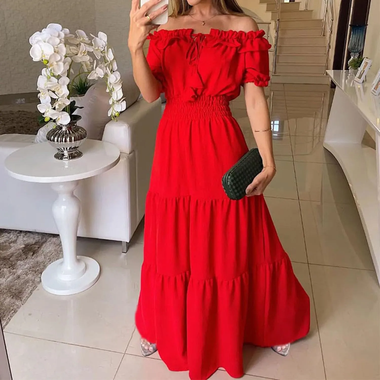 XUNRYAN Womens Off Shoulder Bohemian Dresses Summer Casual Boho Puff Short Sleeve Tiered Ruffle Maxi Dress Beach Sundress