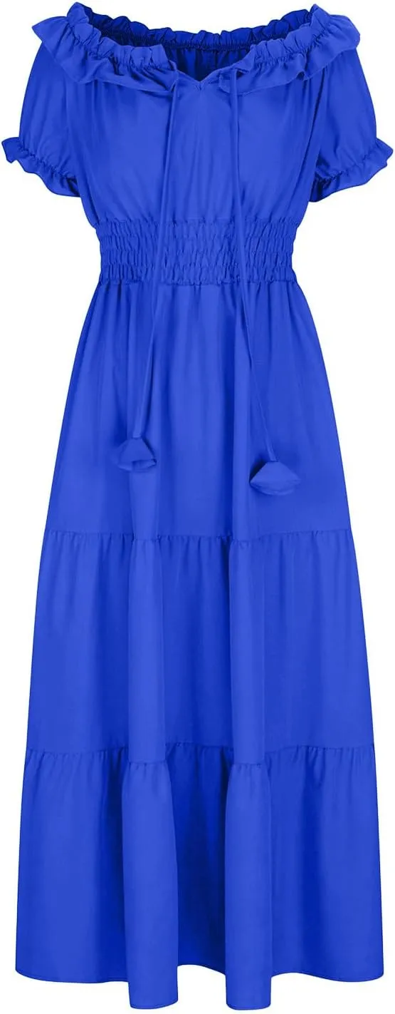 XUNRYAN Womens Off Shoulder Bohemian Dresses Summer Casual Boho Puff Short Sleeve Tiered Ruffle Maxi Dress Beach Sundress