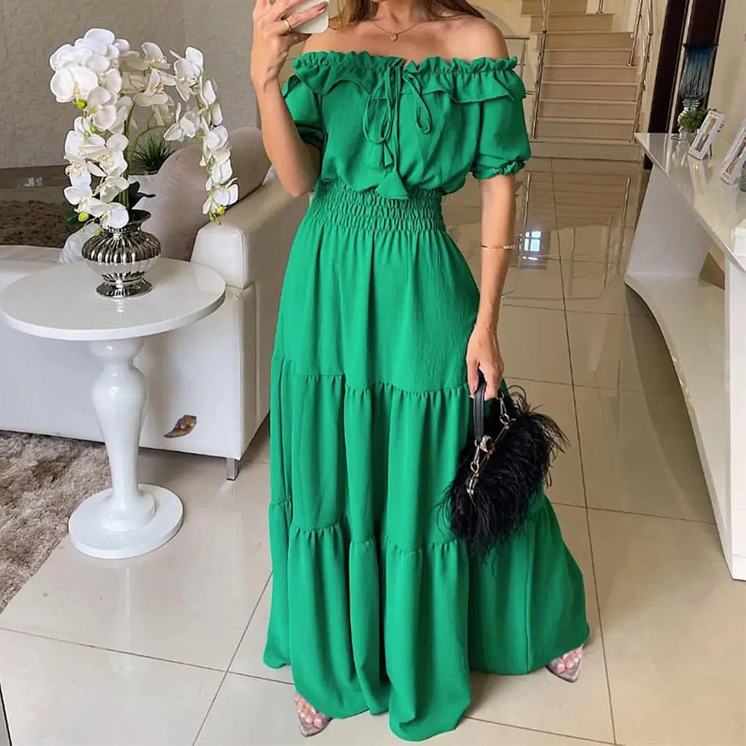 XUNRYAN Womens Off Shoulder Bohemian Dresses Summer Casual Boho Puff Short Sleeve Tiered Ruffle Maxi Dress Beach Sundress