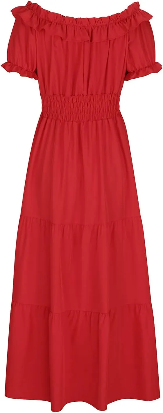 XUNRYAN Womens Off Shoulder Bohemian Dresses Summer Casual Boho Puff Short Sleeve Tiered Ruffle Maxi Dress Beach Sundress