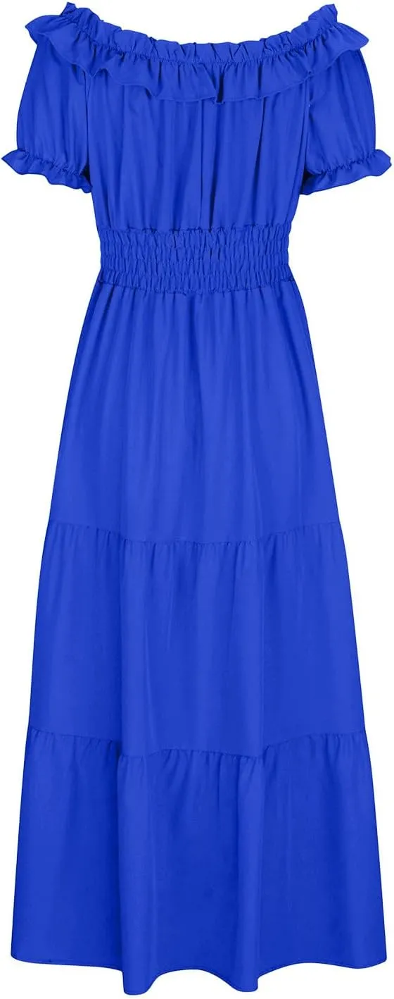 XUNRYAN Womens Off Shoulder Bohemian Dresses Summer Casual Boho Puff Short Sleeve Tiered Ruffle Maxi Dress Beach Sundress