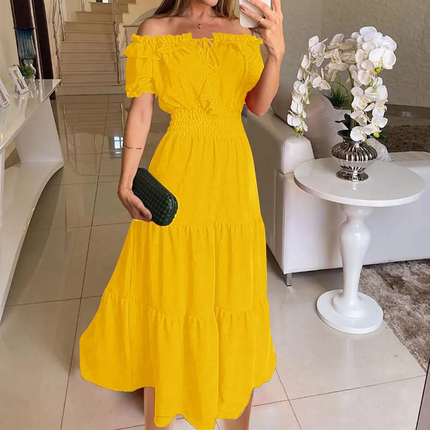 XUNRYAN Womens Off Shoulder Bohemian Dresses Summer Casual Boho Puff Short Sleeve Tiered Ruffle Maxi Dress Beach Sundress