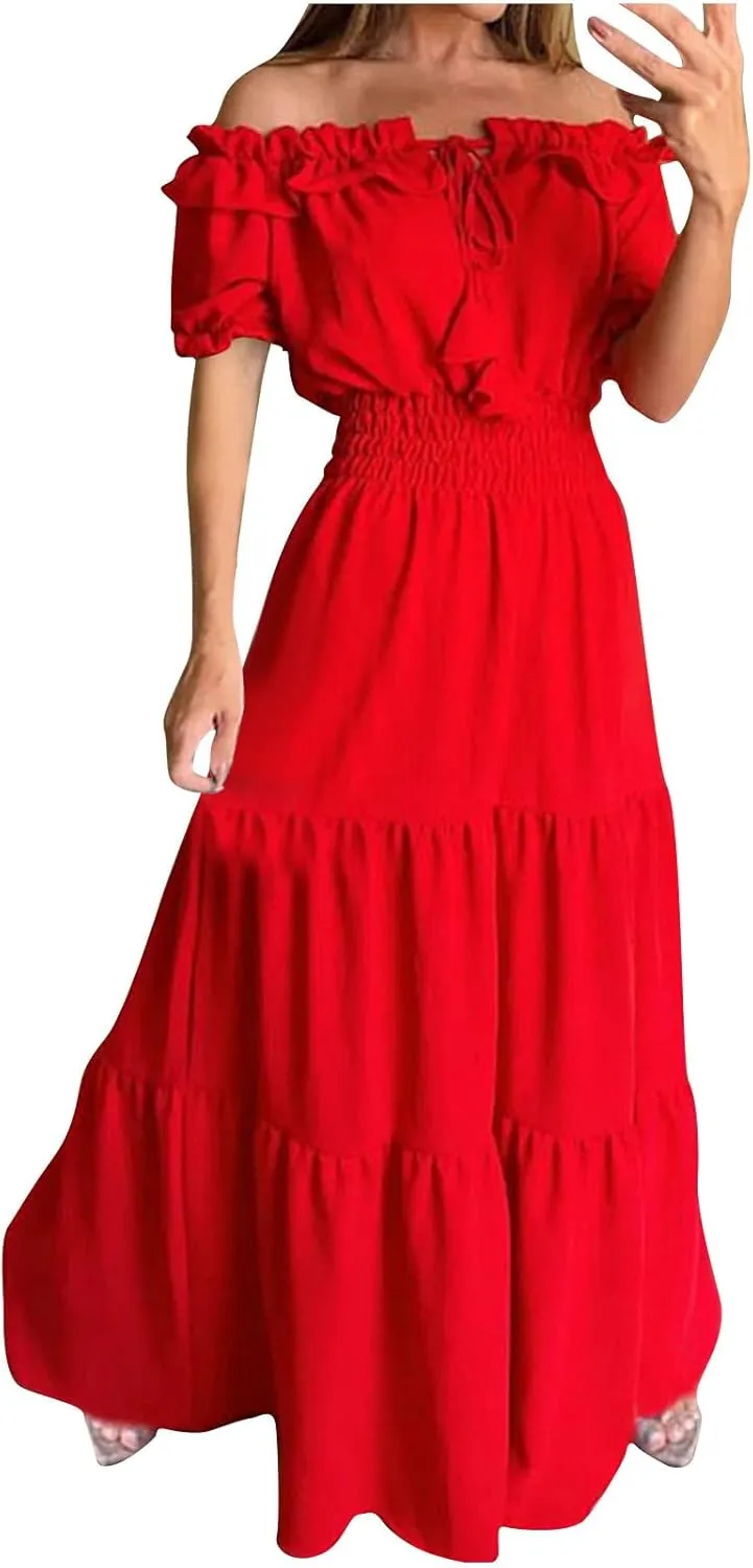 XUNRYAN Womens Off Shoulder Bohemian Dresses Summer Casual Boho Puff Short Sleeve Tiered Ruffle Maxi Dress Beach Sundress