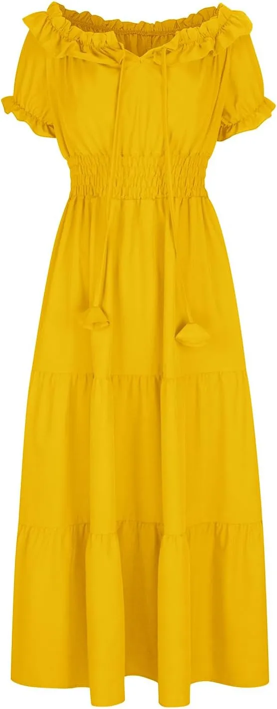 XUNRYAN Womens Off Shoulder Bohemian Dresses Summer Casual Boho Puff Short Sleeve Tiered Ruffle Maxi Dress Beach Sundress