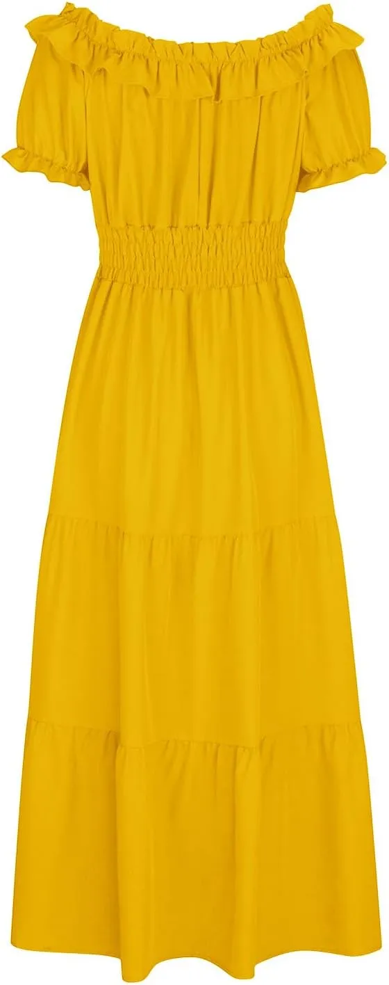 XUNRYAN Womens Off Shoulder Bohemian Dresses Summer Casual Boho Puff Short Sleeve Tiered Ruffle Maxi Dress Beach Sundress