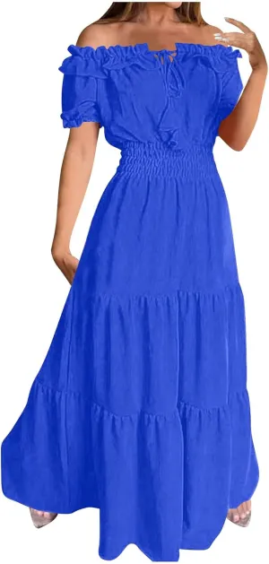 XUNRYAN Womens Off Shoulder Bohemian Dresses Summer Casual Boho Puff Short Sleeve Tiered Ruffle Maxi Dress Beach Sundress
