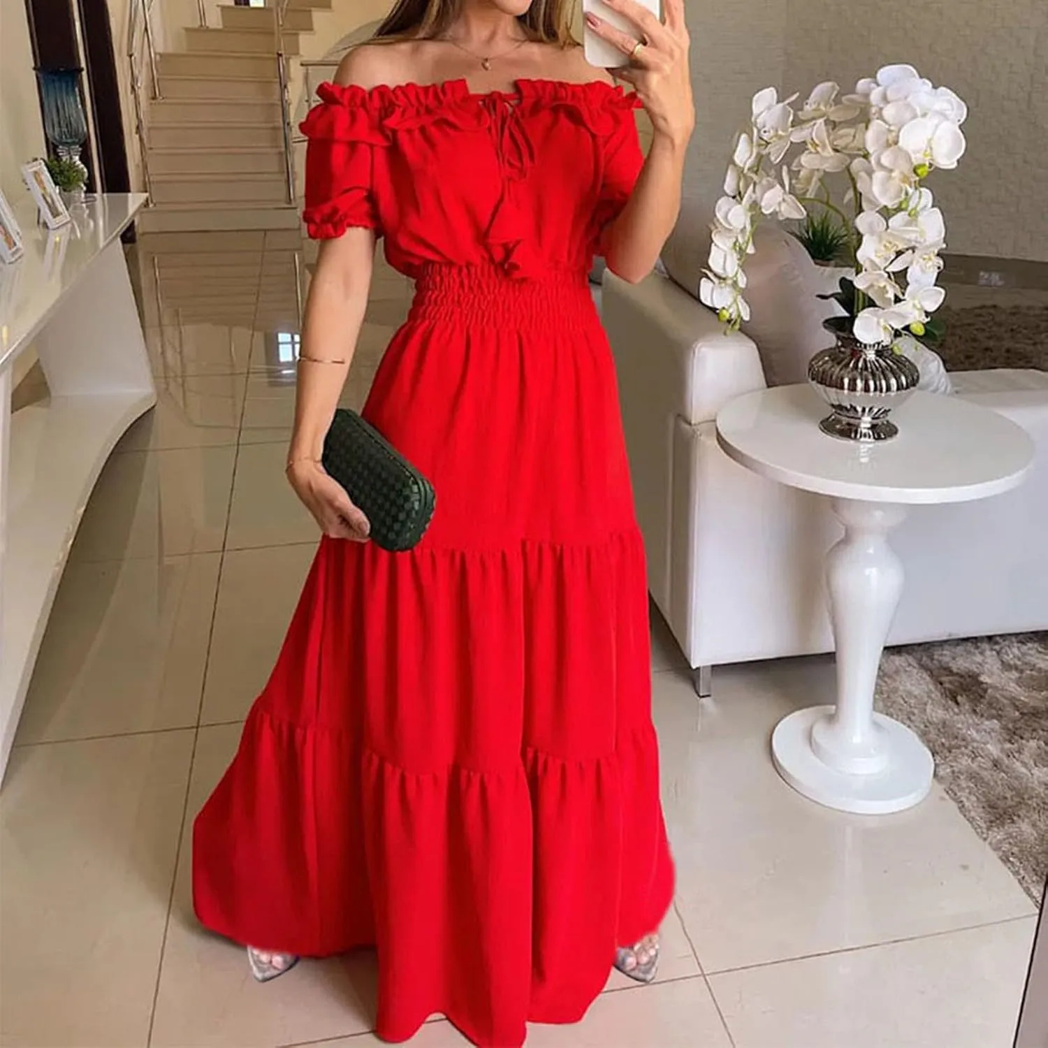 XUNRYAN Womens Off Shoulder Bohemian Dresses Summer Casual Boho Puff Short Sleeve Tiered Ruffle Maxi Dress Beach Sundress