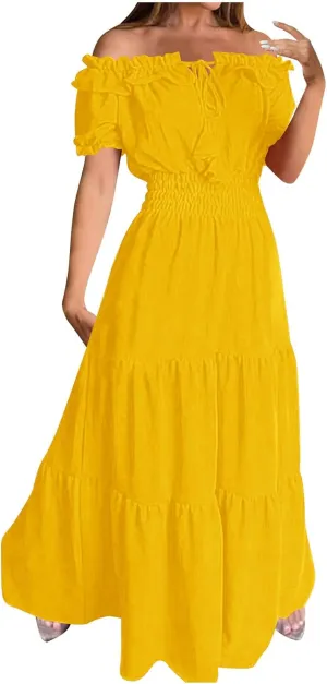 XUNRYAN Womens Off Shoulder Bohemian Dresses Summer Casual Boho Puff Short Sleeve Tiered Ruffle Maxi Dress Beach Sundress