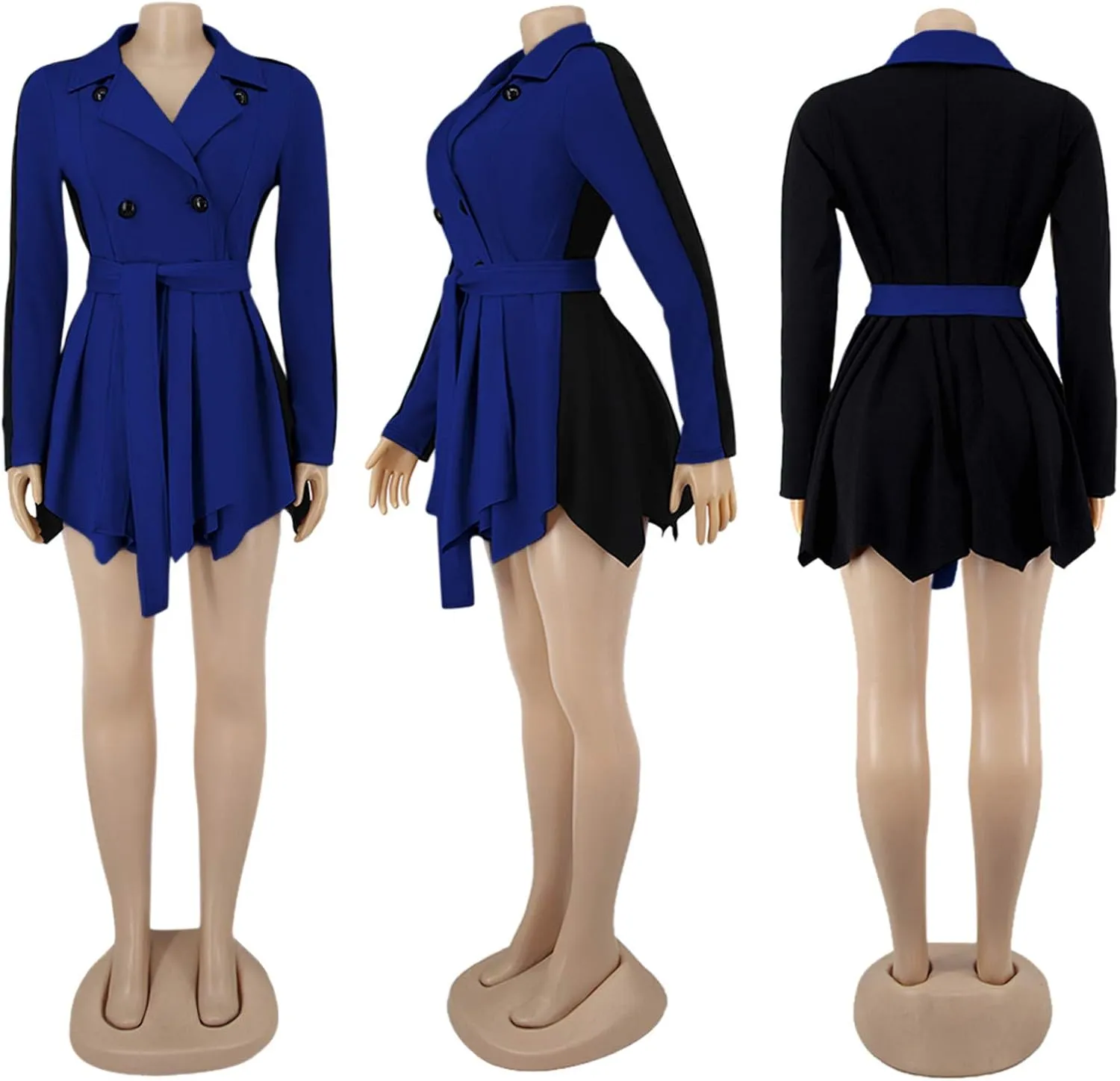 XUNRYAN Womens Sexy Blazer Mini Dress Two Tone Lapel V Neck Double-Breasted Peplum Jacket Belted Trench Coat Fall Outfit