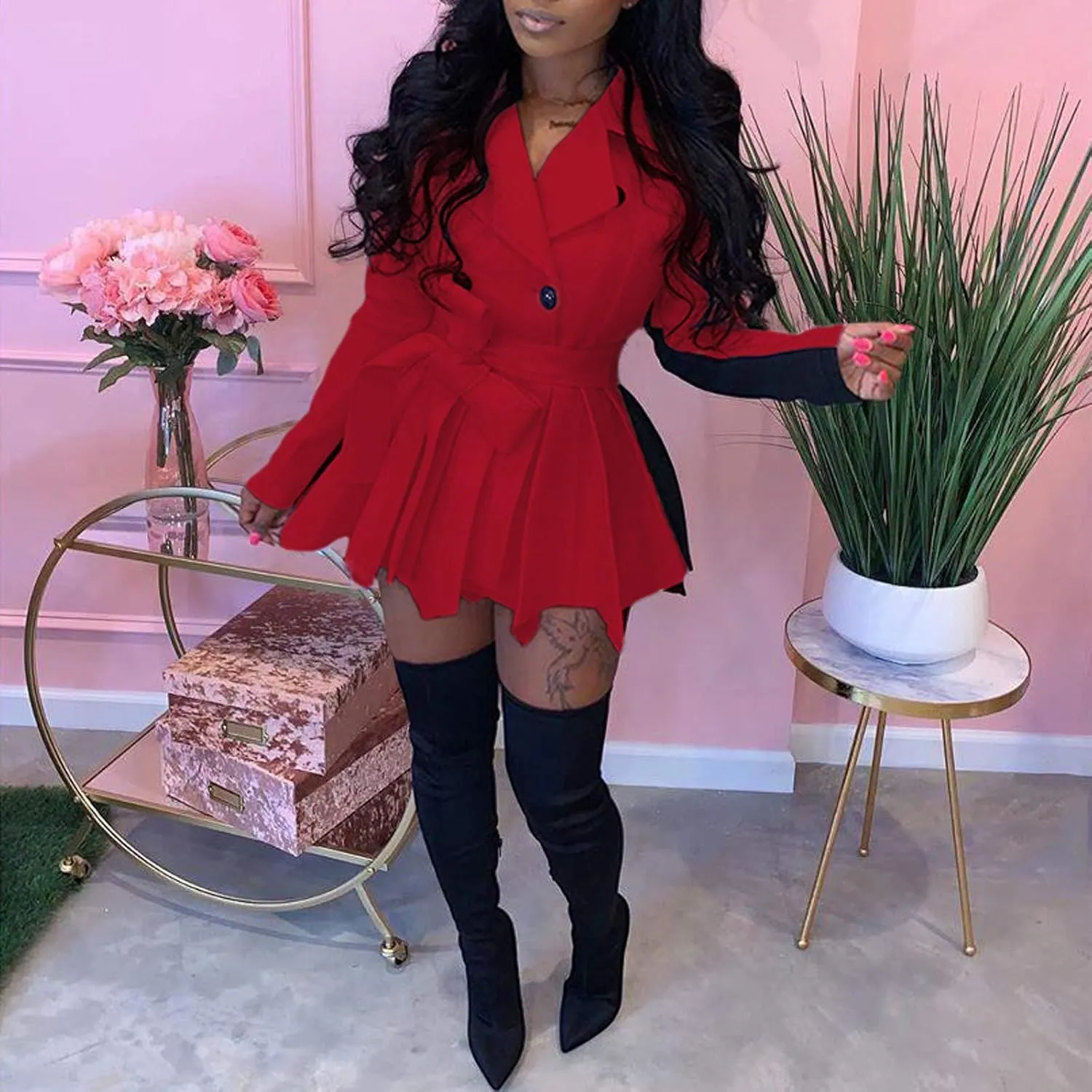 XUNRYAN Womens Sexy Blazer Mini Dress Two Tone Lapel V Neck Double-Breasted Peplum Jacket Belted Trench Coat Fall Outfit