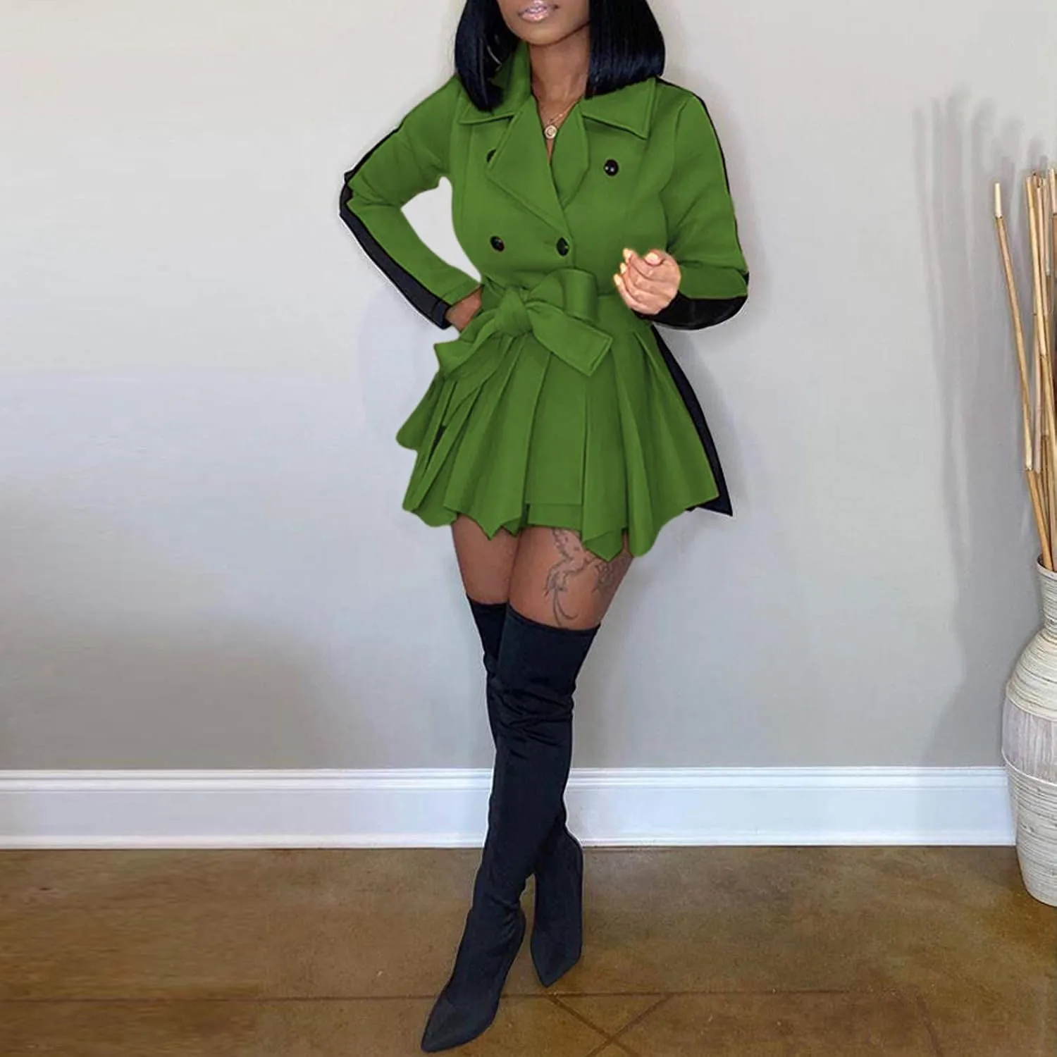 XUNRYAN Womens Sexy Blazer Mini Dress Two Tone Lapel V Neck Double-Breasted Peplum Jacket Belted Trench Coat Fall Outfit