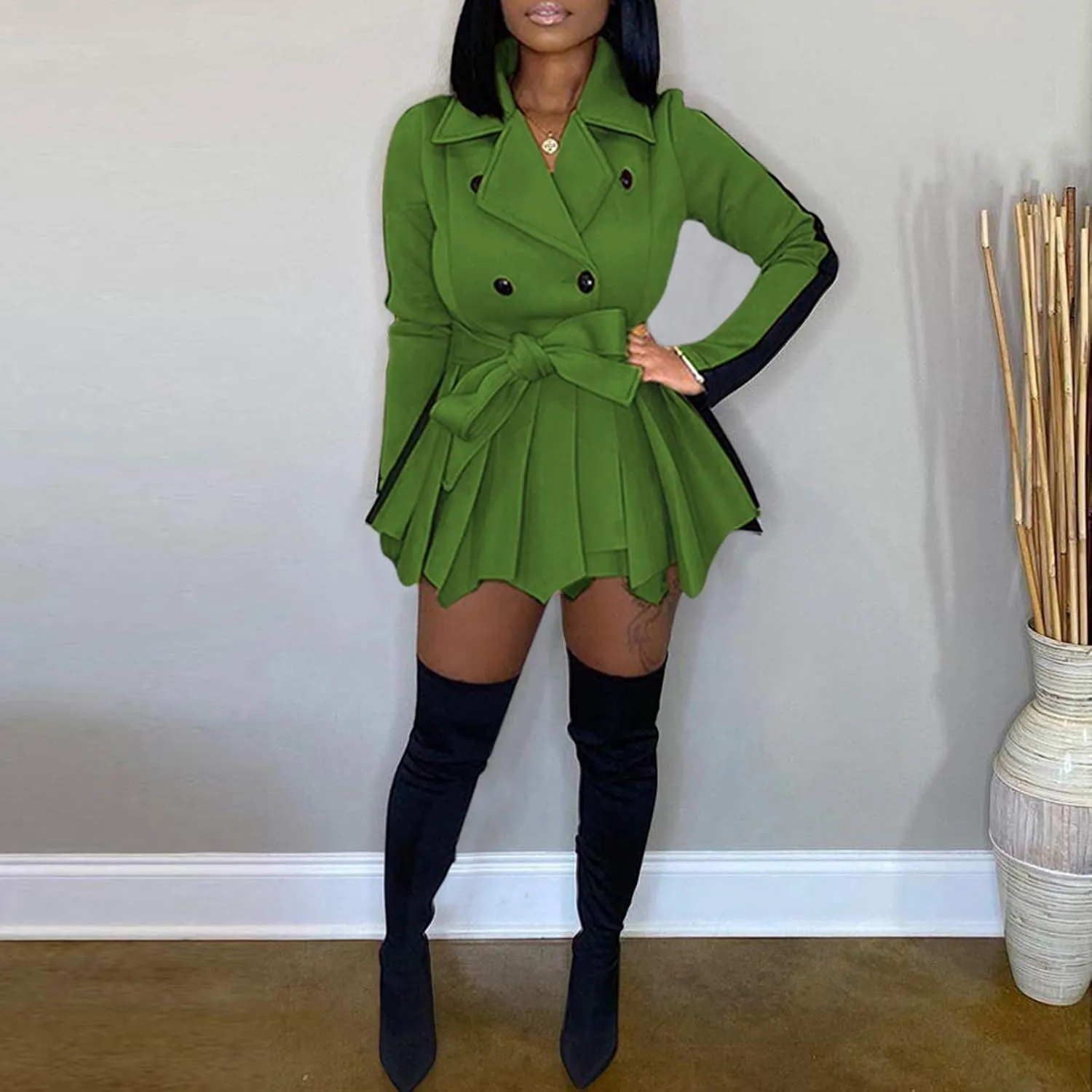 XUNRYAN Womens Sexy Blazer Mini Dress Two Tone Lapel V Neck Double-Breasted Peplum Jacket Belted Trench Coat Fall Outfit