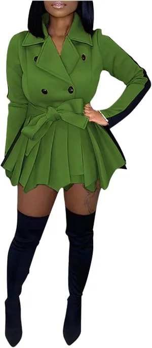 XUNRYAN Womens Sexy Blazer Mini Dress Two Tone Lapel V Neck Double-Breasted Peplum Jacket Belted Trench Coat Fall Outfit